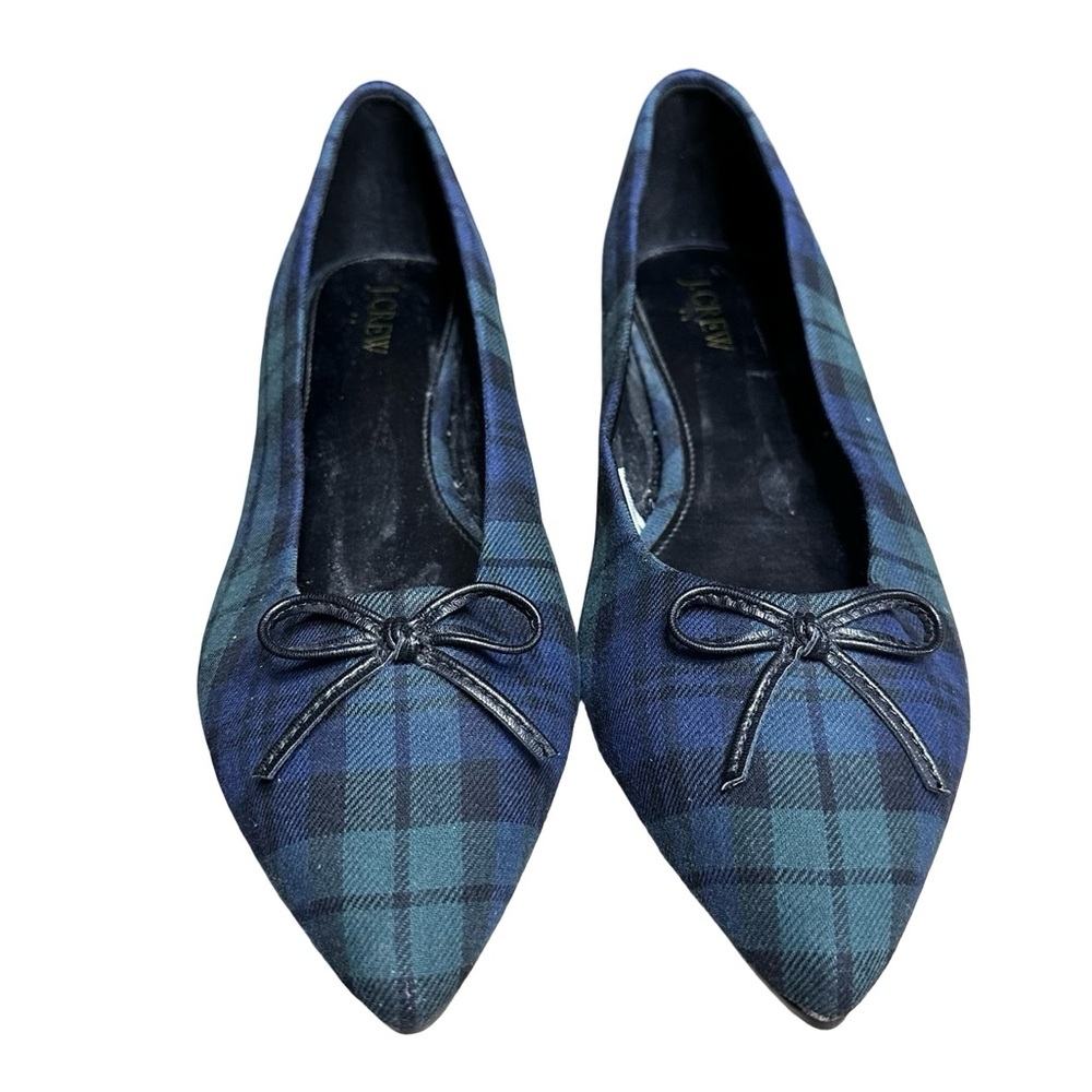 J. Crew Green Blue Plaid Pointed Toe Ballet Flats Size 10 Bow Top Tartan Comfy